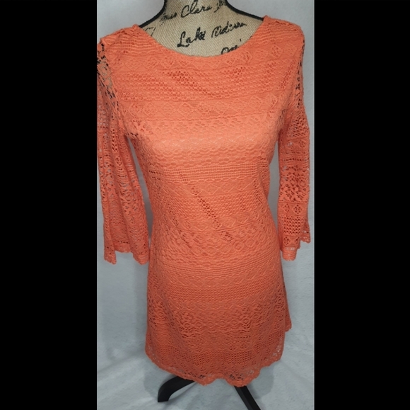 Sharagano Dresses & Skirts - Sharagano Lace Peach LS Dress Size 4 Small